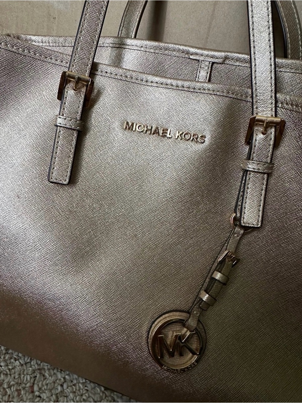 Michael Kors Metallic Gold Saffiano Tote with MK Charm
